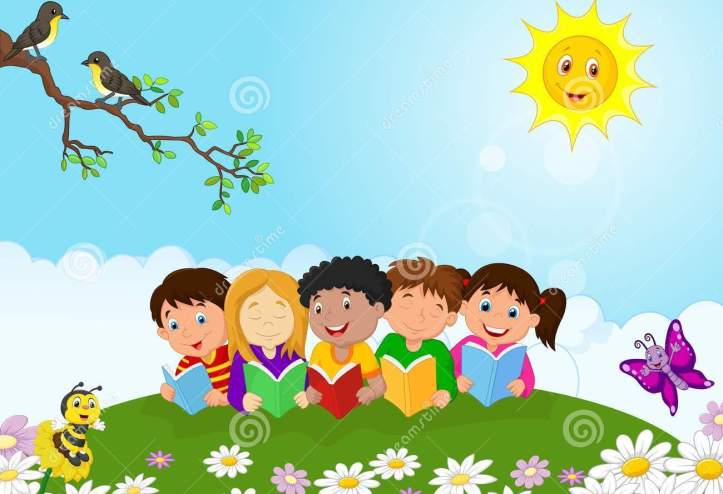 happy-children-cartoon-sitting-grass-reading-books-illustration-50763617